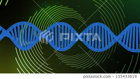 Stylized blue double helix DNA spanning digital gradient background, with green arcs and particles 135433619