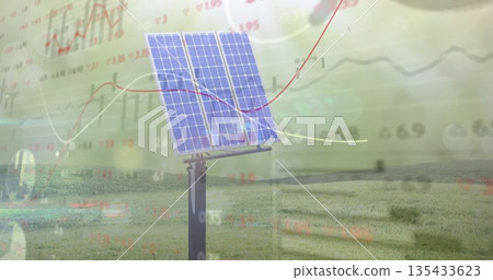 Showing solar panel array standing in grassy field, with semi-transparent financial charts overlay Showing solar panel array standing in grassy field, with semi-transparent financial charts overlay 135433623