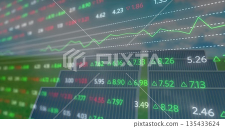 Displaying financial market data showing stock price trends on trading screen with arrows and grids 135433624