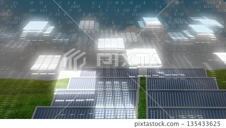 Solar panel array generating energy in rural grass field, with floating binary code overlay Solar panel array generating energy in rural grass field, with floating binary code overlay 135433625