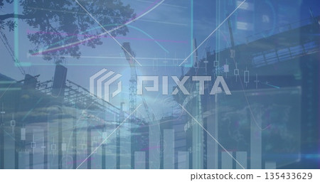 Displaying tower crane rising above scaffolding at construction site with financial chart overlays 135433629