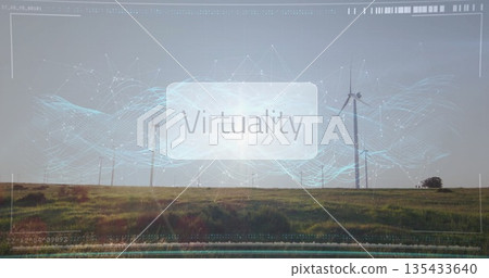 Displaying network overlay floating over wind turbines on grassy wind farm, with Virtuality HUD Displaying network overlay floating over wind turbines on grassy wind farm, with Virtuality HUD 135433640