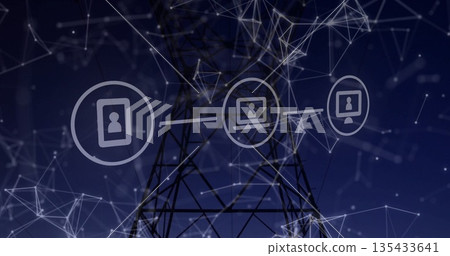 Standing steel transmission tower glowing in digital interface, with node mesh and three user icons Standing steel transmission tower glowing in digital interface, with node mesh and three user icons 135433641