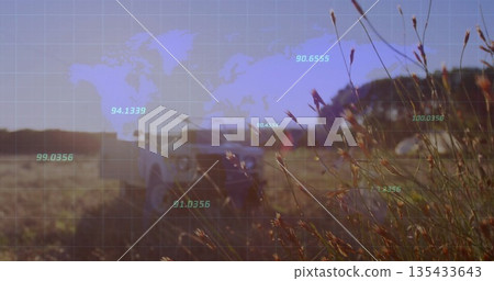 Showing off-road SUV peeking behind dry grasses in plain, with blue grid overlay and numeric data 135433643