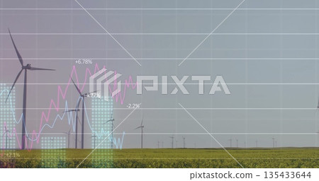 Displaying wind turbines rotating over yellow crop field, with grid lines, line graphs, dotted bars Displaying wind turbines rotating over yellow crop field, with grid lines, line graphs, dotted bars 135433644