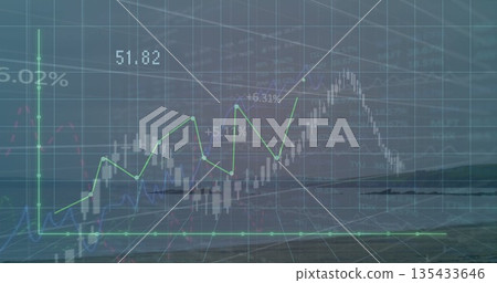 Floating chart showing candlestick bars and line graph above sea with grid plane, percentage labels Floating chart showing candlestick bars and line graph above sea with grid plane, percentage labels 135433646