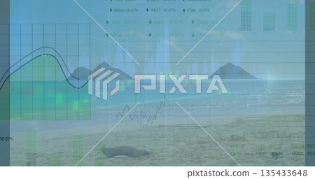 Blending translucent financial dashboard over beach shore showing line graph and percentage labels 135433648