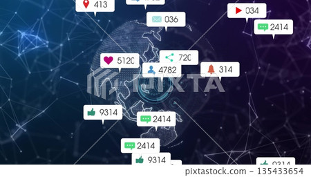 Floating 3D globe displaying nodes and lines in cyberspace, with fingerprint and notification icons Floating 3D globe displaying nodes and lines in cyberspace, with fingerprint and notification icons 135433654