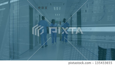 Walking four med staff holding two tablets, clipboard and stack of papers at hospital corridor Walking four med staff holding two tablets, clipboard and stack of papers at hospital corridor 135433655