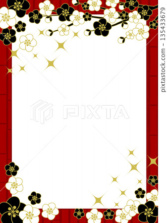 梅花竹籬笆，紅色，邊框插圖，可愛，簡約，垂直 135433679