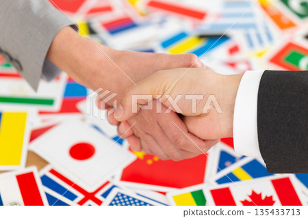 商人們握手,旗幟飄揚 商人們握手,旗幟飄揚 135433713