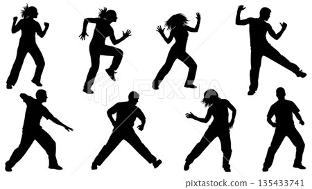 Black Solid Fitness Dance Silhouettes Set of Six on White Background 135433741