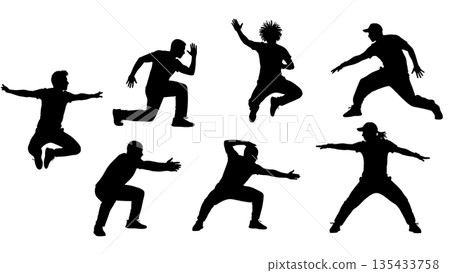 Black Solid Fitness Dance Silhouettes Set of Six on White Background 135433758
