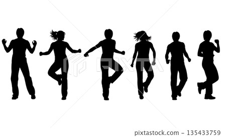 Black Solid Zumba Instructor Silhouettes Set of Six on White Background Black Solid Zumba Instructor Silhouettes Set of Six on White Background 135433759
