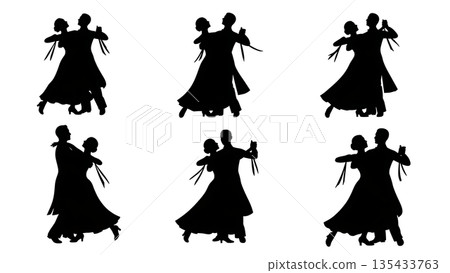 Black Solid Waltz Couple Silhouettes Set of Six on White Background 135433763