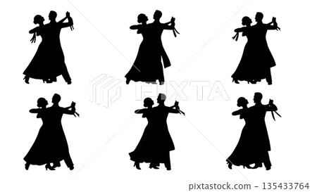 Black Solid Waltz Couple Silhouettes Set of Six on White Background 135433764