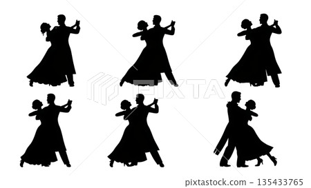 Black Solid Waltz Couple Silhouettes Set of Six on White Background Black Solid Waltz Couple Silhouettes Set of Six on White Background 135433765