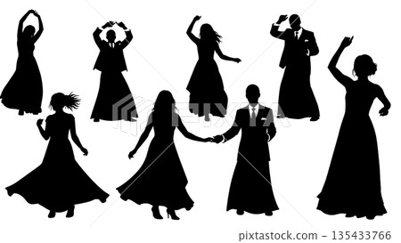 Black Solid Wedding Dance Silhouettes Set of Six on White Background Black Solid Wedding Dance Silhouettes Set of Six on White Background 135433766