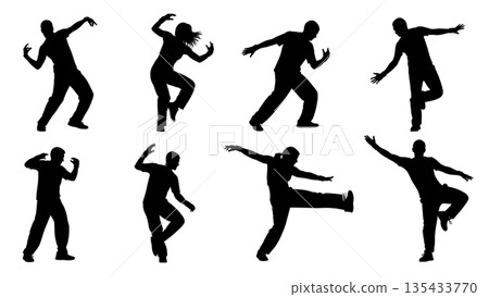 Black Solid Fitness Dance Silhouettes Set of Six on White Background 135433770