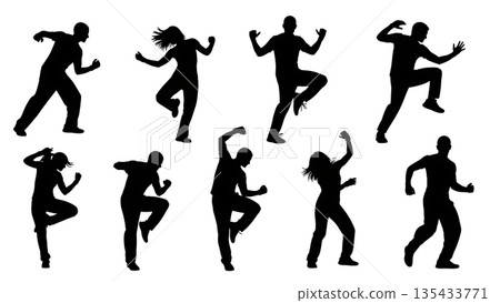 Black Solid Fitness Dance Silhouettes Set of Six on White Background 135433771