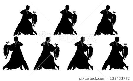 Black Solid Tango Rose Silhouettes Set of Six on White Background 135433772