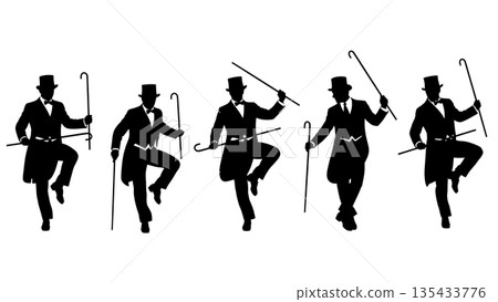 Black Solid Tap Dancer Silhouettes Set of Six on White Background 135433776