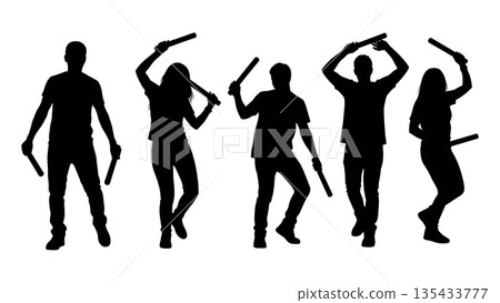 Black Solid Techno Rave Silhouettes Set of Six on White Background Black Solid Techno Rave Silhouettes Set of Six on White Background 135433777
