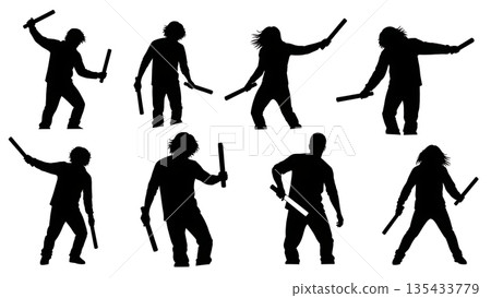Black Solid Techno Rave Silhouettes Set of Six on White Background Black Solid Techno Rave Silhouettes Set of Six on White Background 135433779