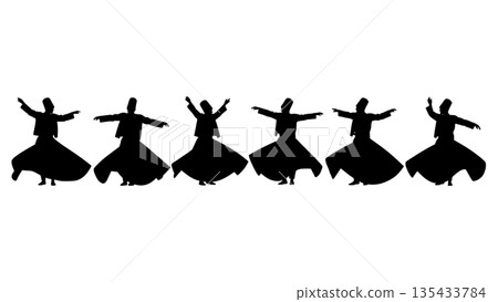 Black Solid Sufi Whirling Silhouettes Set of Six on White Background 135433784