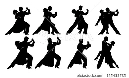 Black Solid Tango Dancer Silhouettes Set of Six on White Background Black Solid Tango Dancer Silhouettes Set of Six on White Background 135433785