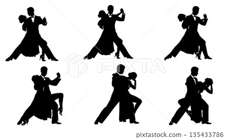 Black Solid Tango Dancer Silhouettes Set of Six on White Background Black Solid Tango Dancer Silhouettes Set of Six on White Background 135433786