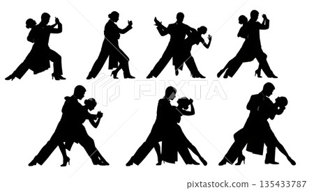 Black Solid Tango Dancer Silhouettes Set of Six on White Background Black Solid Tango Dancer Silhouettes Set of Six on White Background 135433787
