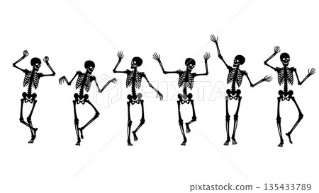 Black Solid Skeleton Dance Silhouettes Set of Six on White Background 135433789