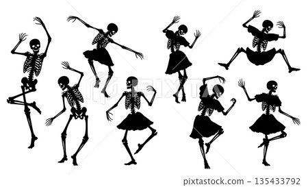 Black Solid Skeleton Dance Silhouettes Set of Six on White Background 135433792
