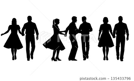 Black Solid Square Dance Silhouettes Set of Six on White Background 135433796