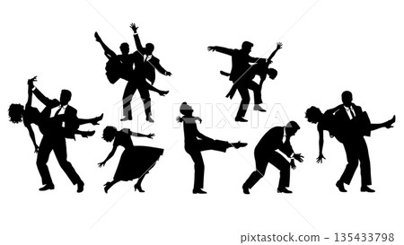 Black Solid Rock n Roll Silhouettes Set of Six on White Background 135433798