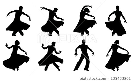Black Solid Salsa Dancer Silhouettes Set of Six on White Background 135433801