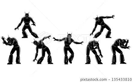Black Solid Robot Dance Silhouettes Set of Six on White Background 135433810