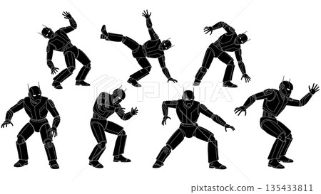 Black Solid Robot Dance Silhouettes Set of Six on White Background 135433811