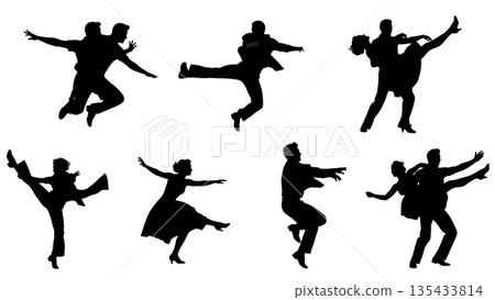 Black Solid Rock n Roll Silhouettes Set of Six on White Background Black Solid Rock n Roll Silhouettes Set of Six on White Background 135433814