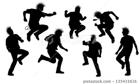 Black Solid Punk Mosh Silhouettes Set of Six on White Background Black Solid Punk Mosh Silhouettes Set of Six on White Background 135433816