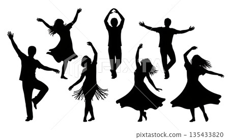 Black Solid Rain Dance Silhouettes Set of Six on White Background 135433820