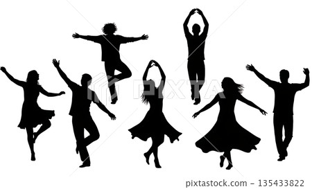 Black Solid Rain Dance Silhouettes Set of Six on White Background Black Solid Rain Dance Silhouettes Set of Six on White Background 135433822
