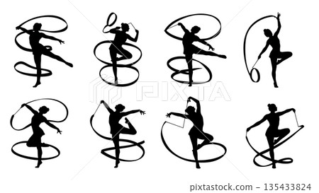 Black Solid Ribbon Dance Silhouettes Set of Six on White Background 135433824