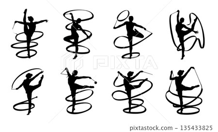 Black Solid Ribbon Dance Silhouettes Set of Six on White Background 135433825