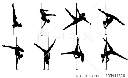 Black Solid Pole Dance Silhouettes Set of Six on White Background 135433828