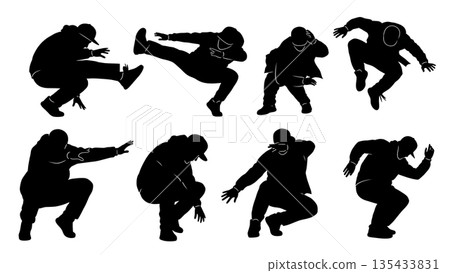 Black Solid Popping Locking Silhouettes Set of Six on White Background 135433831
