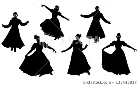 Black Solid Masquerade Dance Silhouettes Set of Six on White Background 135433837