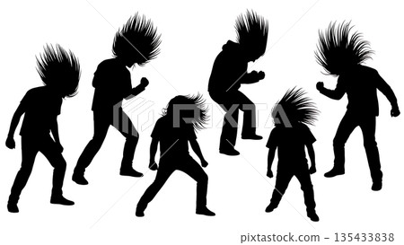 Black Solid Headbanging Silhouettes Set of Six on White Background 135433838