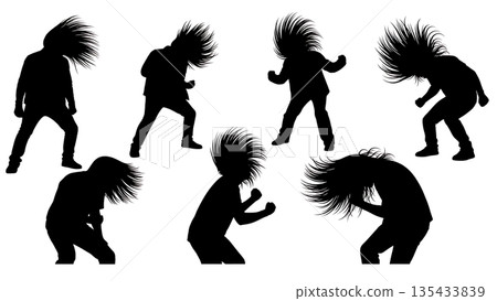 Black Solid Headbanging Silhouettes Set of Six on White Background 135433839